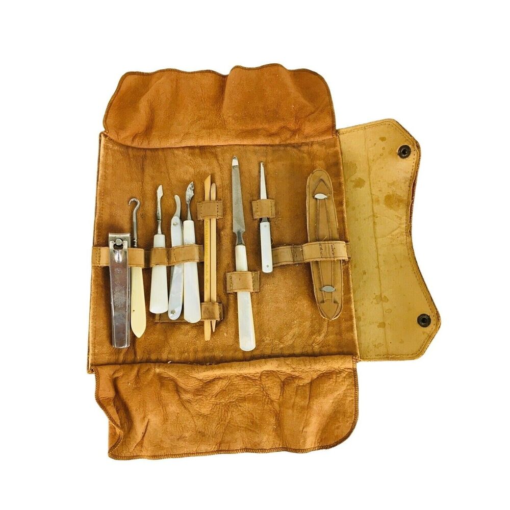 Antique 20s Mother of Pearl Bakelite Celluloid Manicure Set In Leather Case
